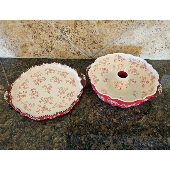 Temp-tations Floral Lace Red Bundt Pan Serving Platter Old World CeramicBakeware - Picture 6 of 6
